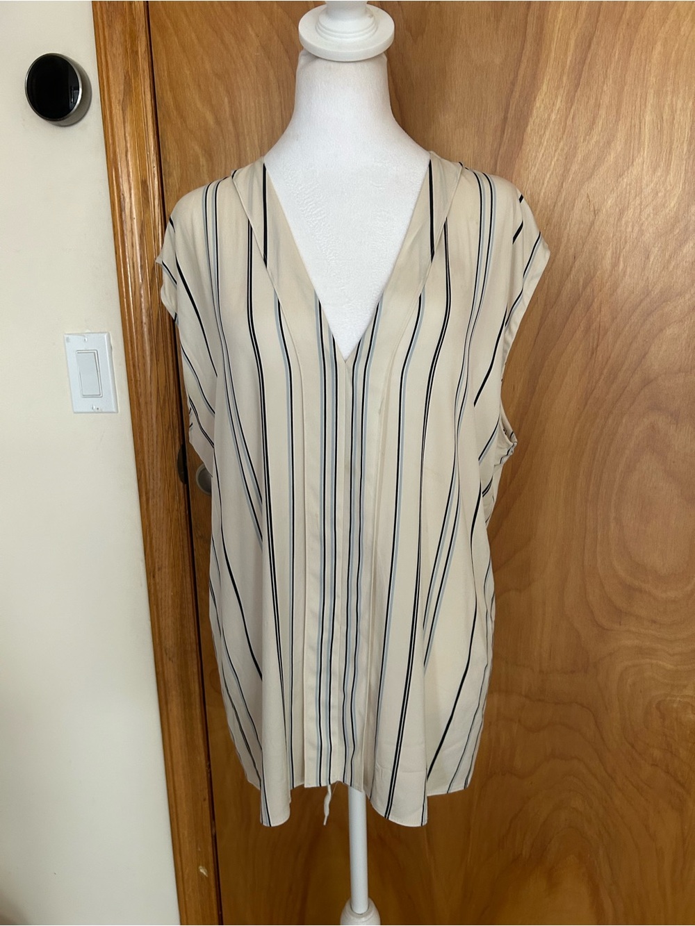 Beige and Black Striped V-Neck Women's Top